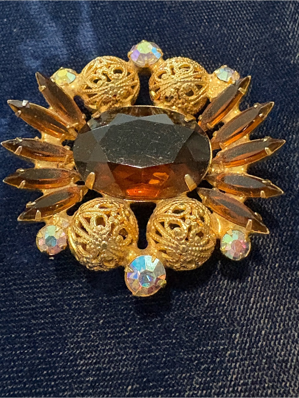 Vintage 1964 Juliana Gold-Tone Brown Crystal  Brooch with AB Accents